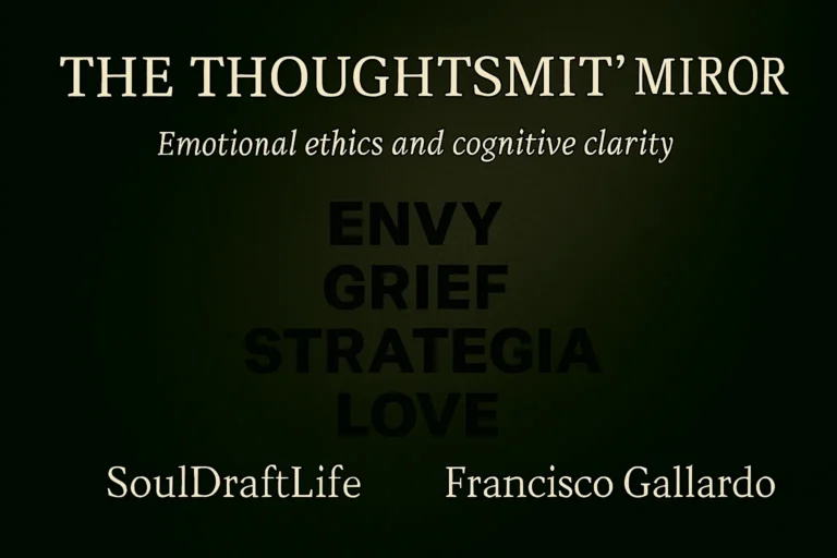 Featured image for the post The Thoughtsmith’s Mirror with a dark green aged-wood textured background, illuminated from the top right, showing the words ENVY, GRIEF, STRATEGY, and LOVE in the center, and the signature SoulDraftLife and Francisco Gallardo at the bottom.