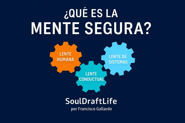 Tres engranajes interconectados etiquetados como Lente Humana, Lente Conductual y Lente de Sistemas, ilustrando el concepto de la Mente Segura sobre un fondo azul oscuro.