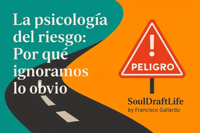 Ilustración de una carretera sinuosa con una señal de peligro, simbolizando riesgos invisibles, con el título “La Psicología del Riesgo” y el crédito a SoulDraftLife por Francisco Gallardo.