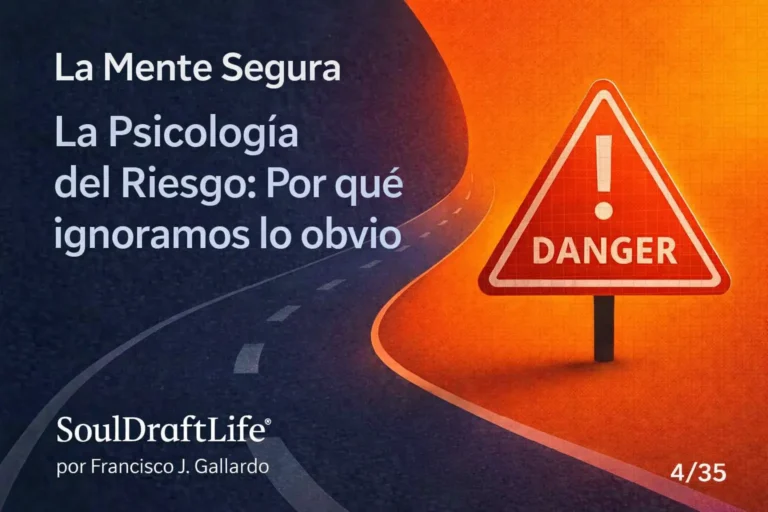 Ilustración de una carretera sinuosa con una señal de peligro, simbolizando riesgos invisibles, con el título “La Psicología del Riesgo” y el crédito a SoulDraftLife® por Francisco J. Gallardo.