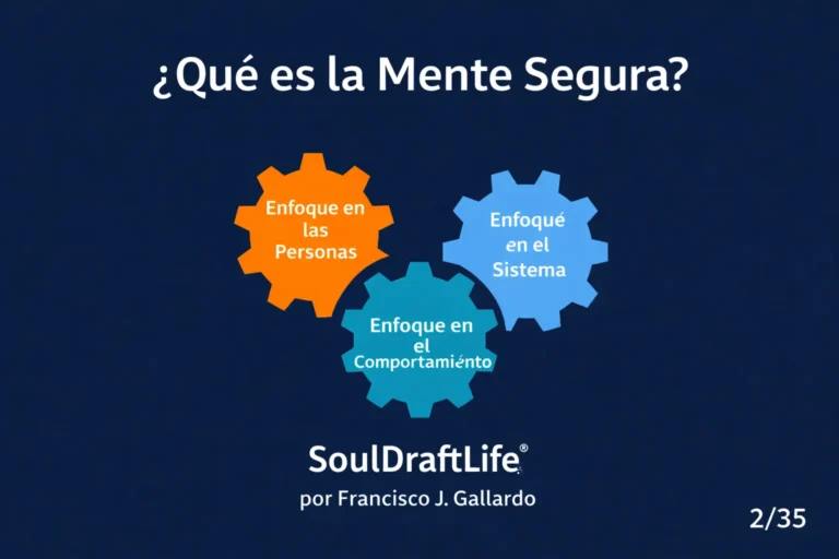 Tres engranajes interconectados etiquetados como Lente Humana, Lente Conductual y Lente de Sistemas, ilustrando el concepto de la Mente Segura sobre un fondo azul oscuro.