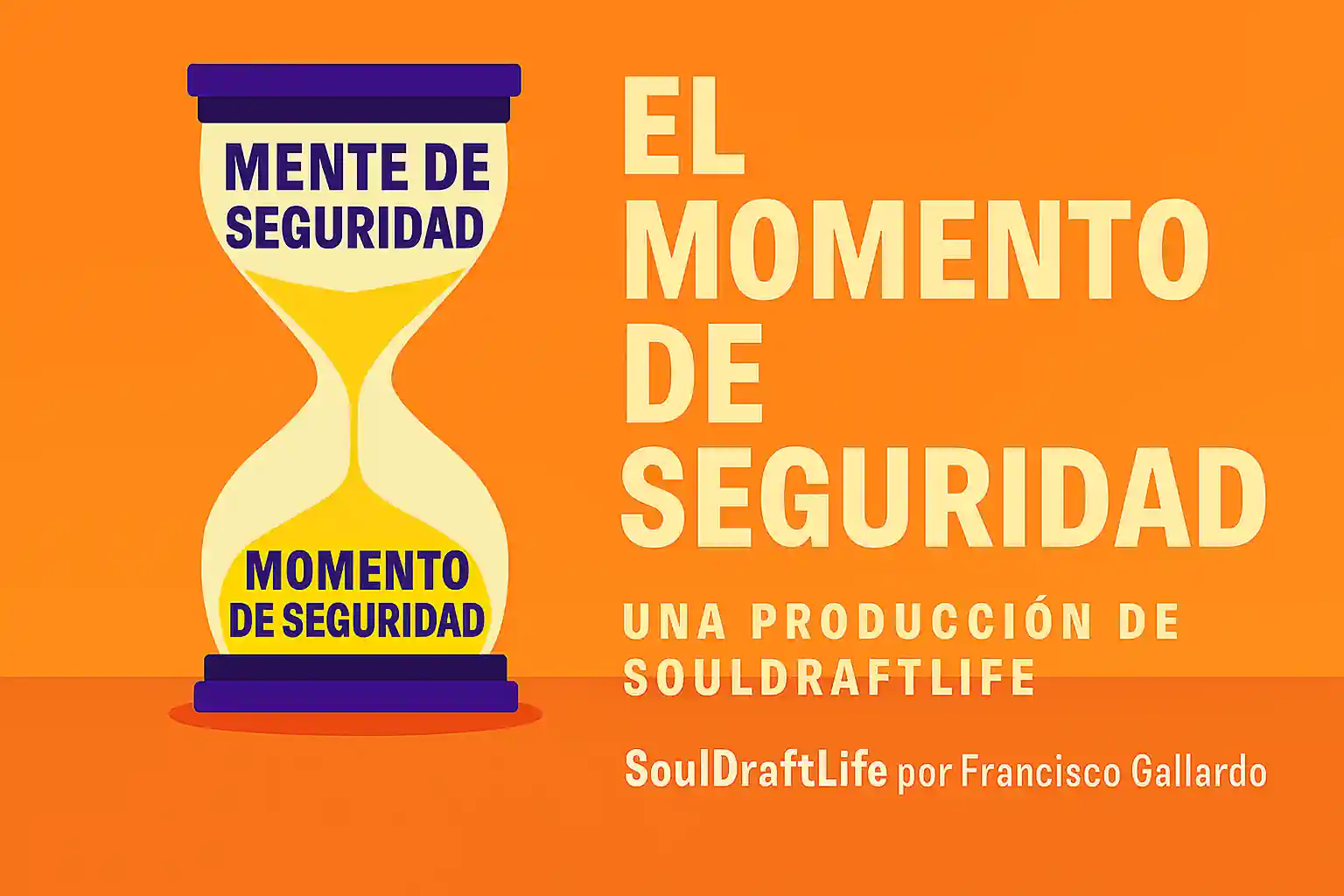 Ilustración plana de un reloj de arena con Mente de Seguridad en la parte superior y Momento de Seguridad en la inferior, junto al título El Momento de Seguridad y la firma SoulDraftLife por Francisco Gallardo.