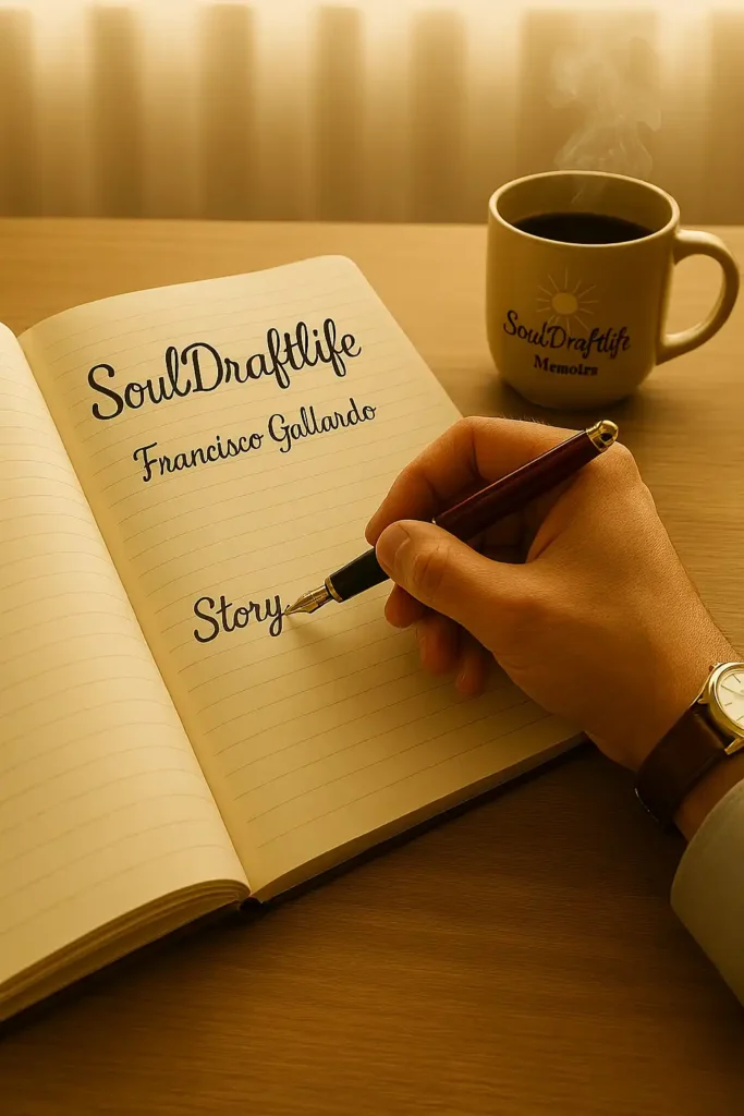 Imagen de héroe a pantalla completa para Memorias, Reflexiones e Historias que muestra una escena cálida y cinematográfica del escritorio del escritor con diario, pluma estilográfica y café humeante.
