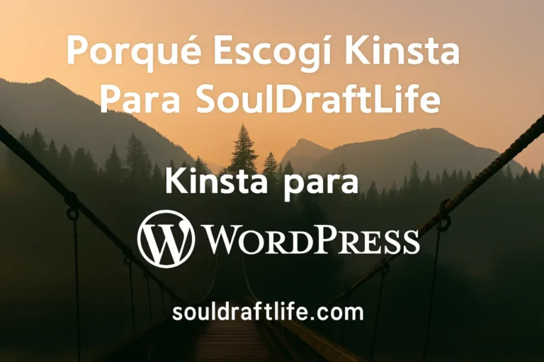 Puente colgante de madera que conduce a un bosque con montañas al fondo, con el texto “Por qué Escogí Kinsta para SoulDraftLife – Kinsta para WordPress – souldraftlife.com”.