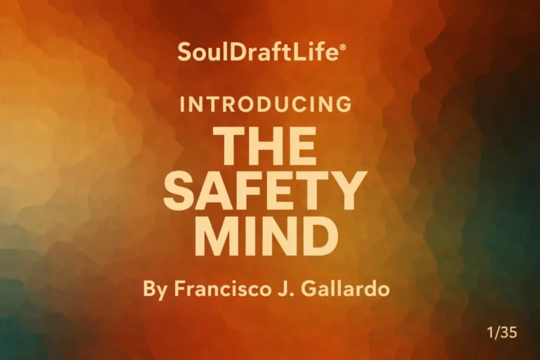 Warm mosaic background with centered text: SoulDraftLife® Introducing The Safety Mind by Francisco J. Gallardo