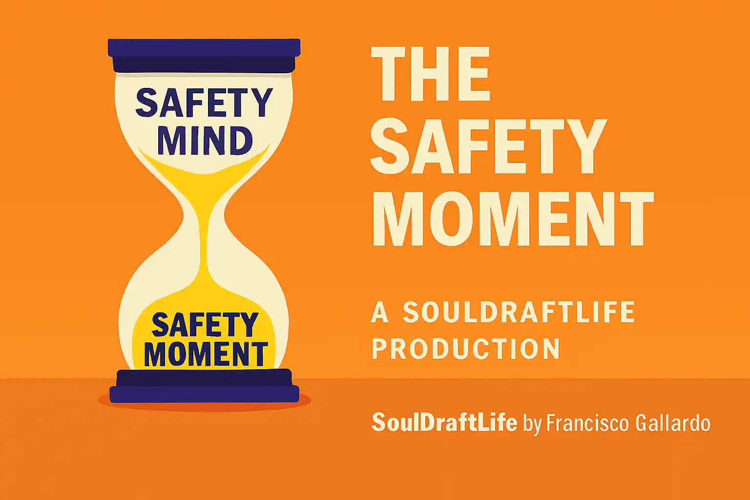 Flat illustration of an hourglass labeled Safety Mind and Safety Moment, symbolizing awareness and pause, with the title The Safety Moment and SoulDraftLife by Francisco Gallardo.
