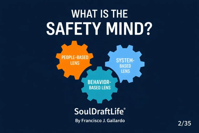 Three interlocking gears labeled People‑Based Lens, Behavior‑Based Lens, and System‑Based Lens, illustrating the core components of The Safety Mind concept on a dark blue background.