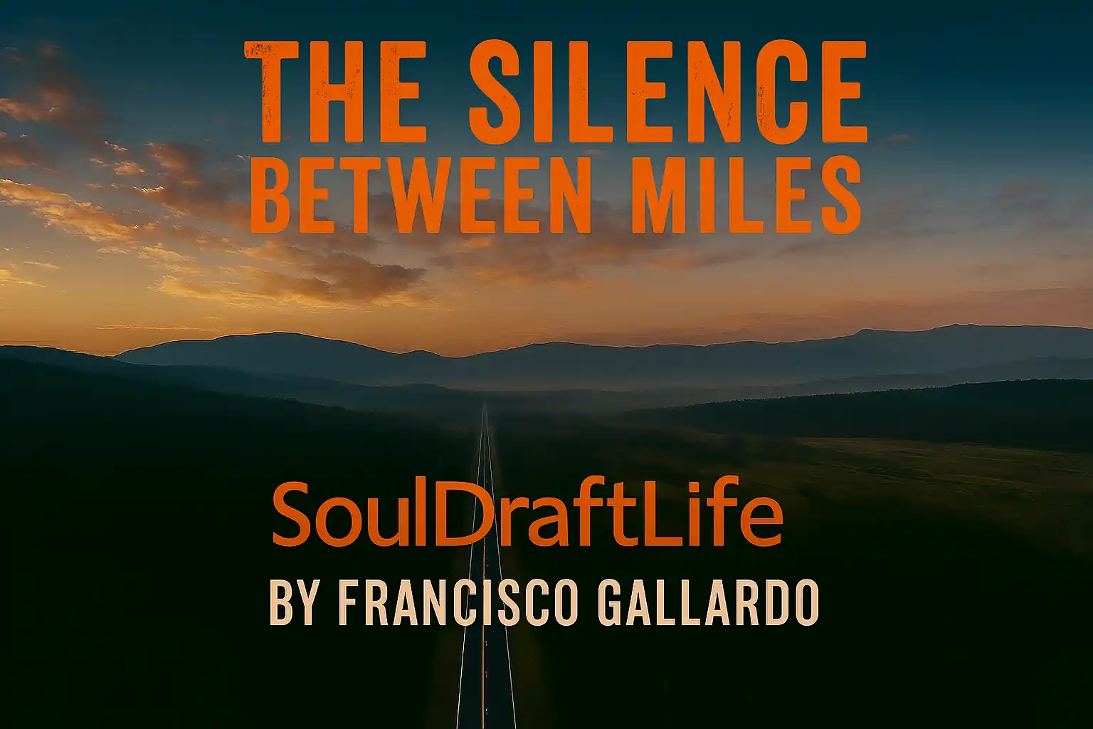 Aerial view of a two‑lane road at dawn under a crepuscular sky, symbolizing freedom and silence between miles.