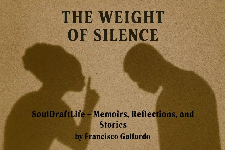 Sepia-toned shadows of two figures on a textured wall—one raising a finger to their lips in a gesture of silence, the other with head bowed—symbolizing the weight of silence.