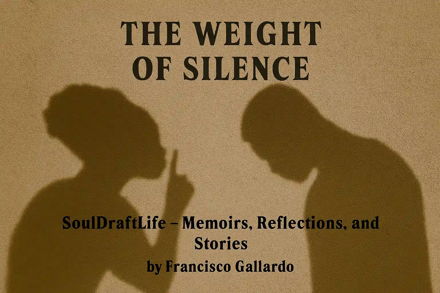 Sepia-toned shadows of two figures on a textured wall—one raising a finger to their lips in a gesture of silence, the other with head bowed—symbolizing the weight of silence.