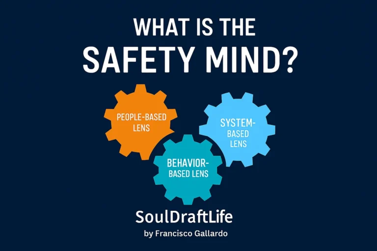 Three interlocking gears labeled People‑Based Lens, Behavior‑Based Lens, and System‑Based Lens, illustrating the core components of The Safety Mind concept on a dark blue background.