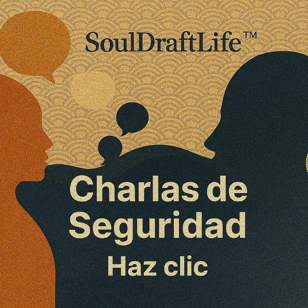 SoulDraftLife™ | Charlas de Seguridad — siluetas en diálogo con burbujas de conversación, banner de llamada a la acción con el texto “Haz clic”.