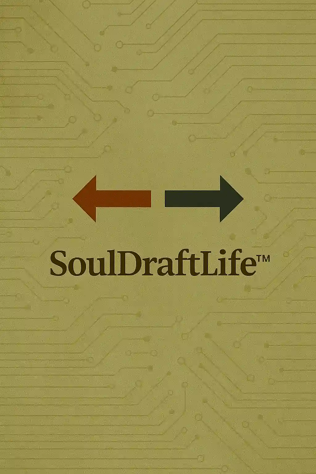 Abstract sepia‑green circuitry background with two arrows — one dark orange pointing left, one dark blue pointing right — above the text SoulDraftLife™.