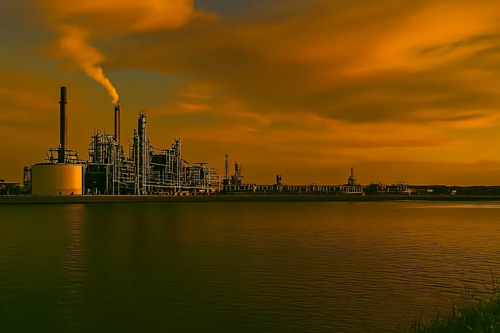 Complejo industrial de refinería junto a un cuerpo de agua tranquilo al atardecer, con chimeneas altas, tuberías y torres en silueta contra un cielo anaranjado, y humo saliendo de una de las chimeneas.