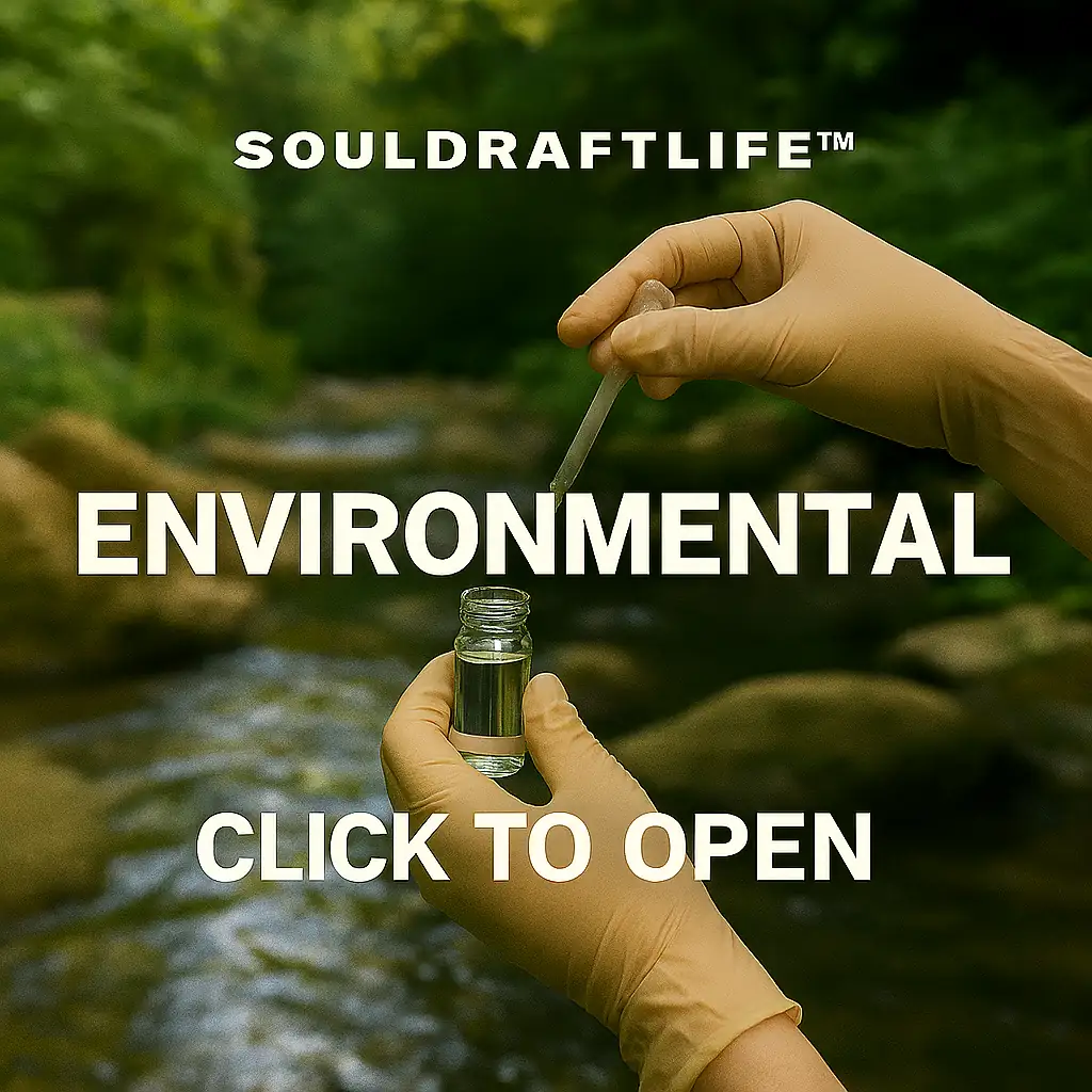 SoulDraftLife™ Environmental gateway image showing gloved hands collecting a water sample from a clear stream, symbolizing environmental care, science, and stewardship.