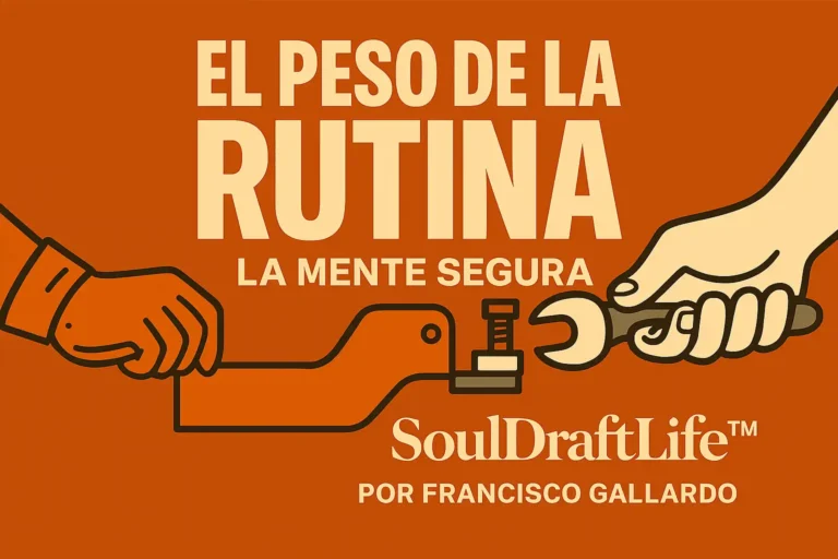 lustración de dos manos, una con guante y otra sin guante, trabajando con una llave sobre un perno, con fondo naranja. Texto en blanco: “El Peso de la Rutina – La Mente Segura” y “SoulDraftLife™ por Francisco Gallardo”.