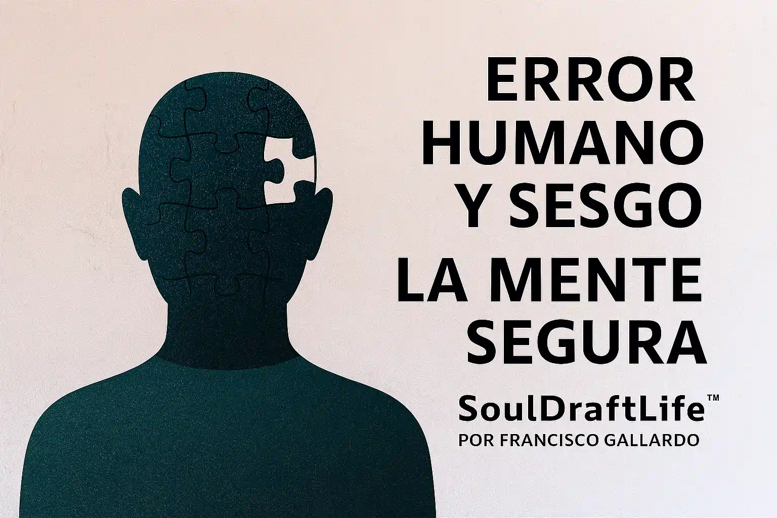Silueta humana en color verde oscuro con piezas de rompecabezas en la cabeza y un espacio faltante, sobre un fondo texturizado claro. A la derecha aparece el título “Error Humano y Sesgo” en la parte superior, “La Mente Segura” centrado en dos líneas, y el crédito “SoulDraftLife™ por Francisco Gallardo” en la parte inferior izquierda.