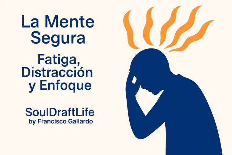Ilustración de una persona con la cabeza inclinada y la mano en la frente, con ondas naranjas que emanan de su cabeza, junto al título La Mente Segura.