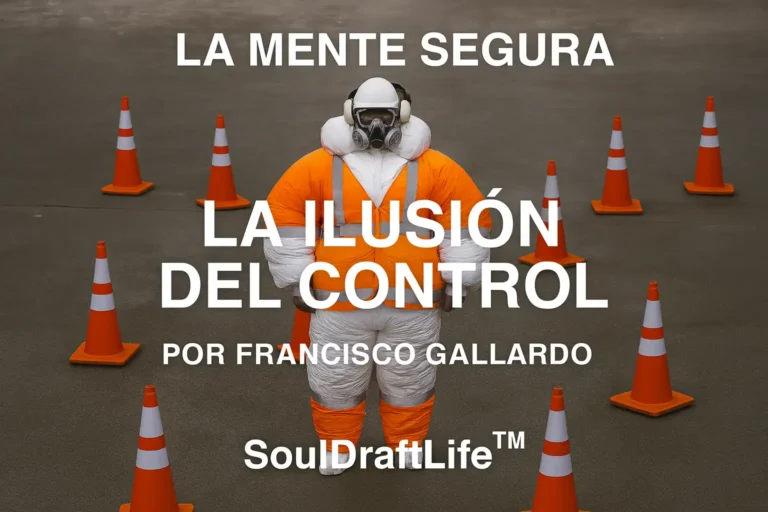 Trabajador inmovilizado por exceso de equipo de protección personal (EPP) y rodeado de conos de seguridad naranjas, simbolizando la ilusión de control en la cultura de seguridad.