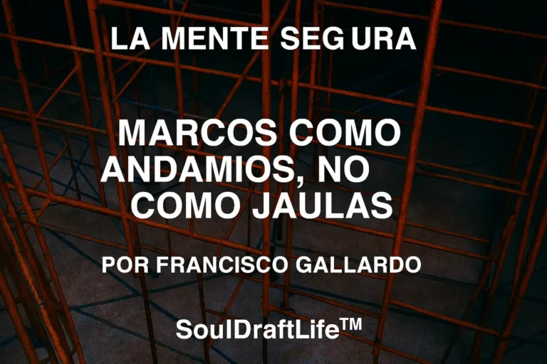 Andamios dispuestos como un laberinto en tonos rojos, naranjas y azules, simbolizando marcos como estructuras de apoyo y no como jaulas.