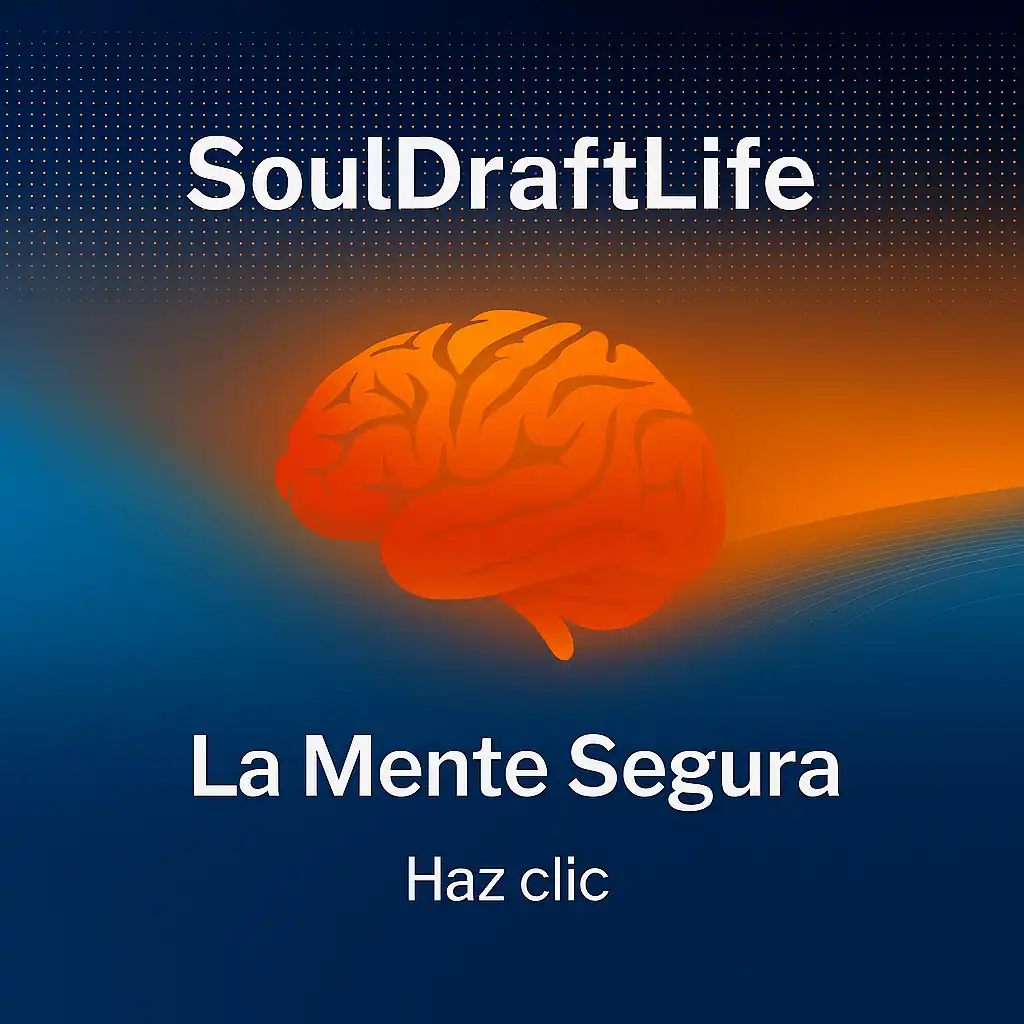 SoulDraftLife™ | La Mente Segura ilustración luminosa de un cerebro, símbolo del marco psicológico y filosófico donde la seguridad comienza en el pensamiento. Haz clic.