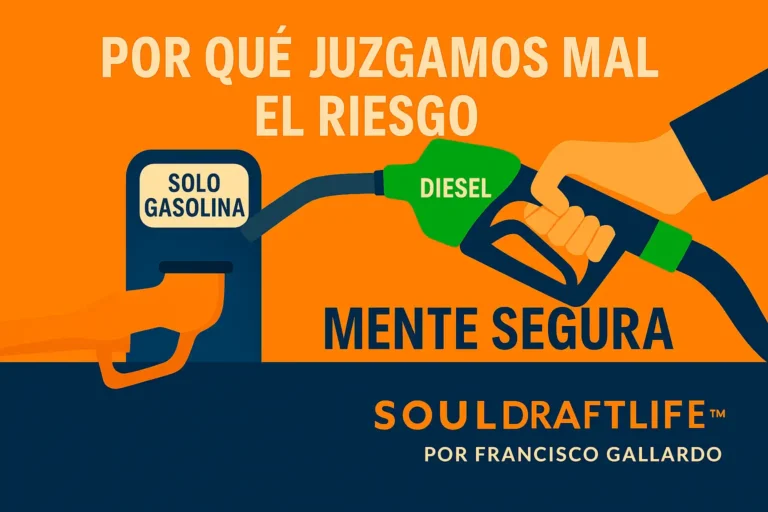 Una mano sostiene una boquilla verde de diésel, claramente rotulada “Diesel”, insertándola en un surtidor marcado “Solo Gasolina”. La ilustración simboliza cómo los riesgos mal juzgados pueden surgir de detalles familiares y pasados por alto.