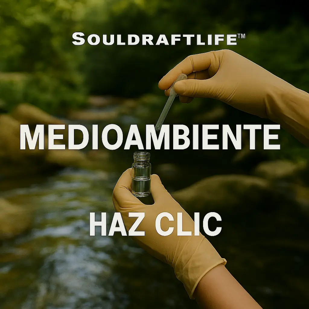 SoulDraftLife™ Environmental gateway image showing gloved hands collecting a water sample from a clear forest stream, symbolizing environmental care, science, and stewardship.
