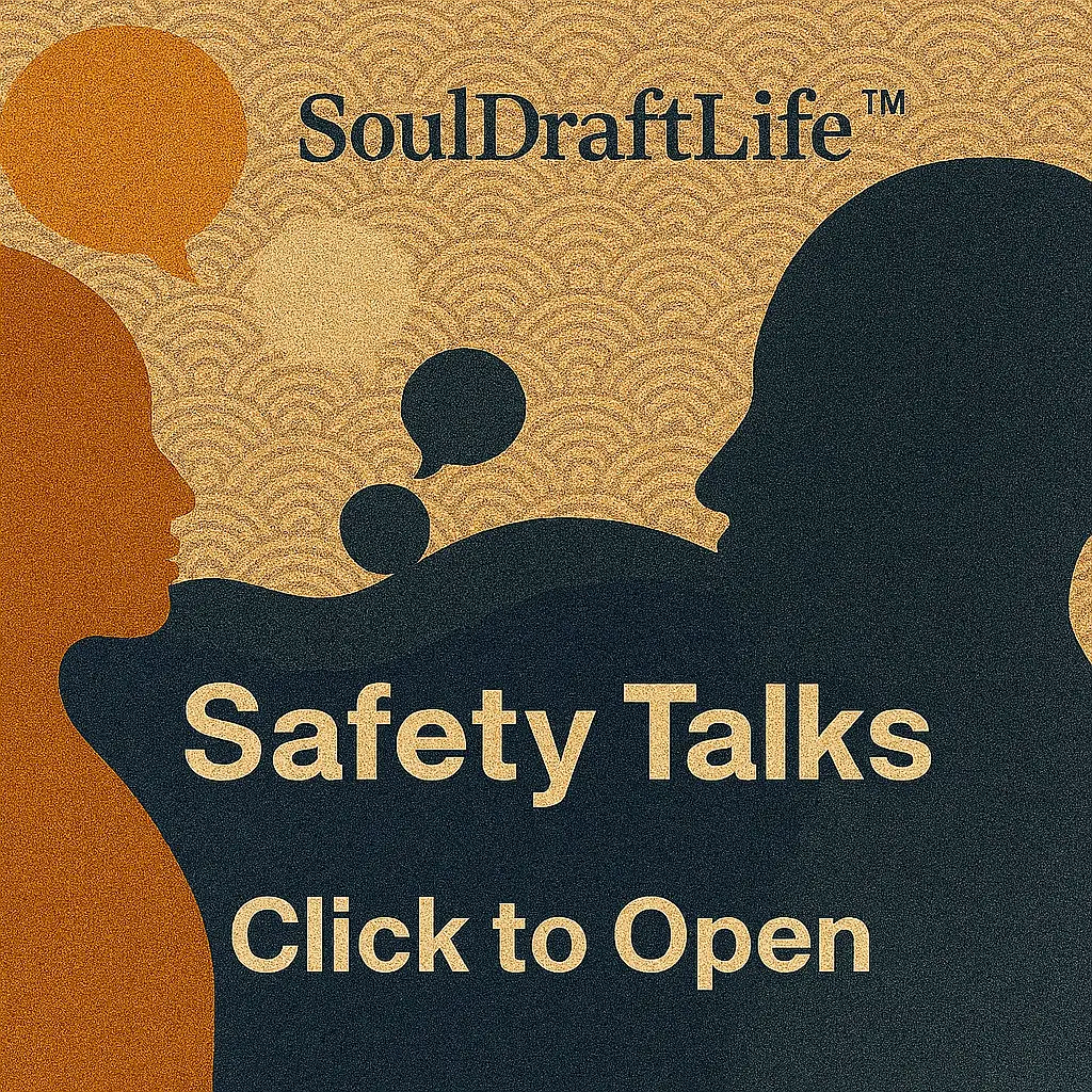 SoulDraftLife™ | Safety Talks — silhouettes in dialogue with speech bubbles, call to action banner reading “Click to Open.