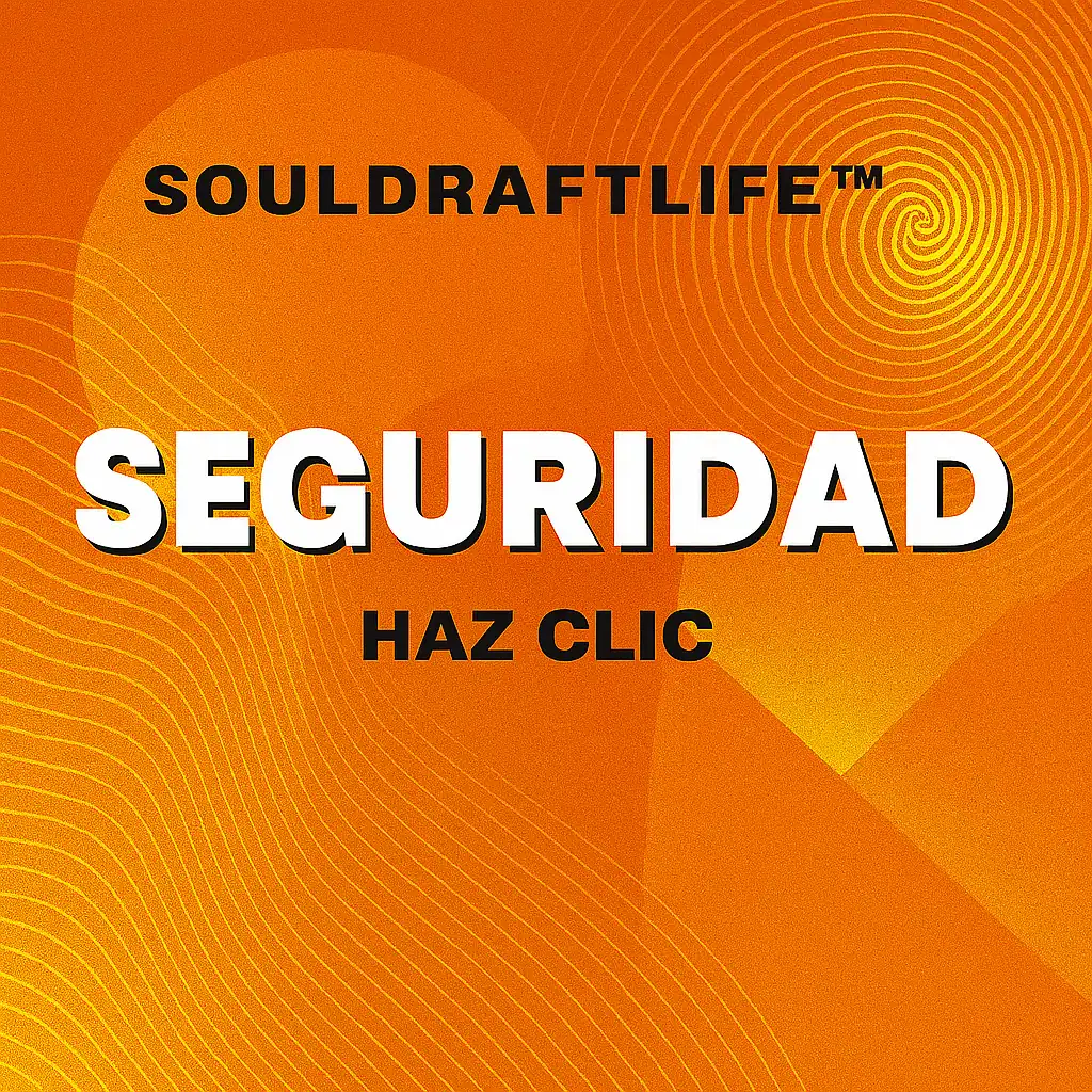 Imagen de SoulDraftLife™ para el portal de Seguridad, con patrones abstractos en tonos naranja y amarillo, diseño moderno y la palabra SEGURIDAD en el centro.