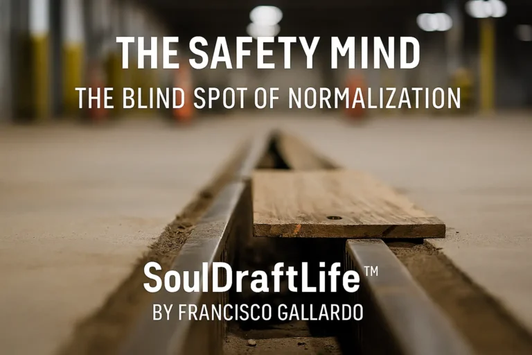 Warehouse drain missing a cover, partially covered by a wooden plank; a normalized but dangerous hazard. Text overlay: The Safety Mind, The Blind Spot of Normalization, SoulDraftLife™, by Francisco Gallardo.