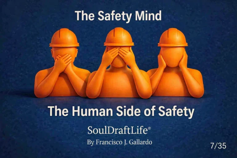 Three orange 3D construction man like figures, wearing safety helmets against a dark background, each covering either their mouth, eyes, or ears to symbolize the human side of safety. Designed by Francisco J. Gallardo