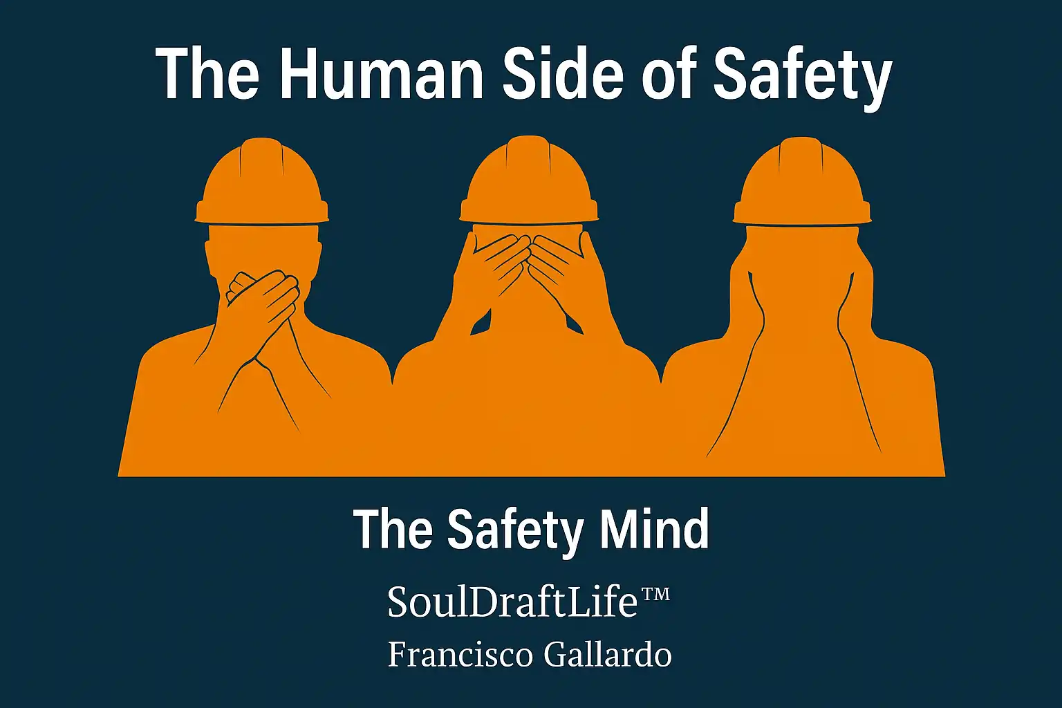 Three orange silhouettes of men wearing safety helmets against a dark background, each covering either their mouth, eyes, or ears to symbolize the human side of safety.