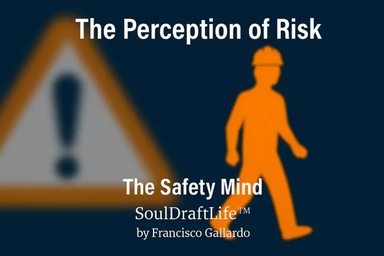 Blurred orange caution sign with exclamation mark beside a sharp silhouette of a worker in a hard hat, symbolizing how routine can distort awareness of risk.