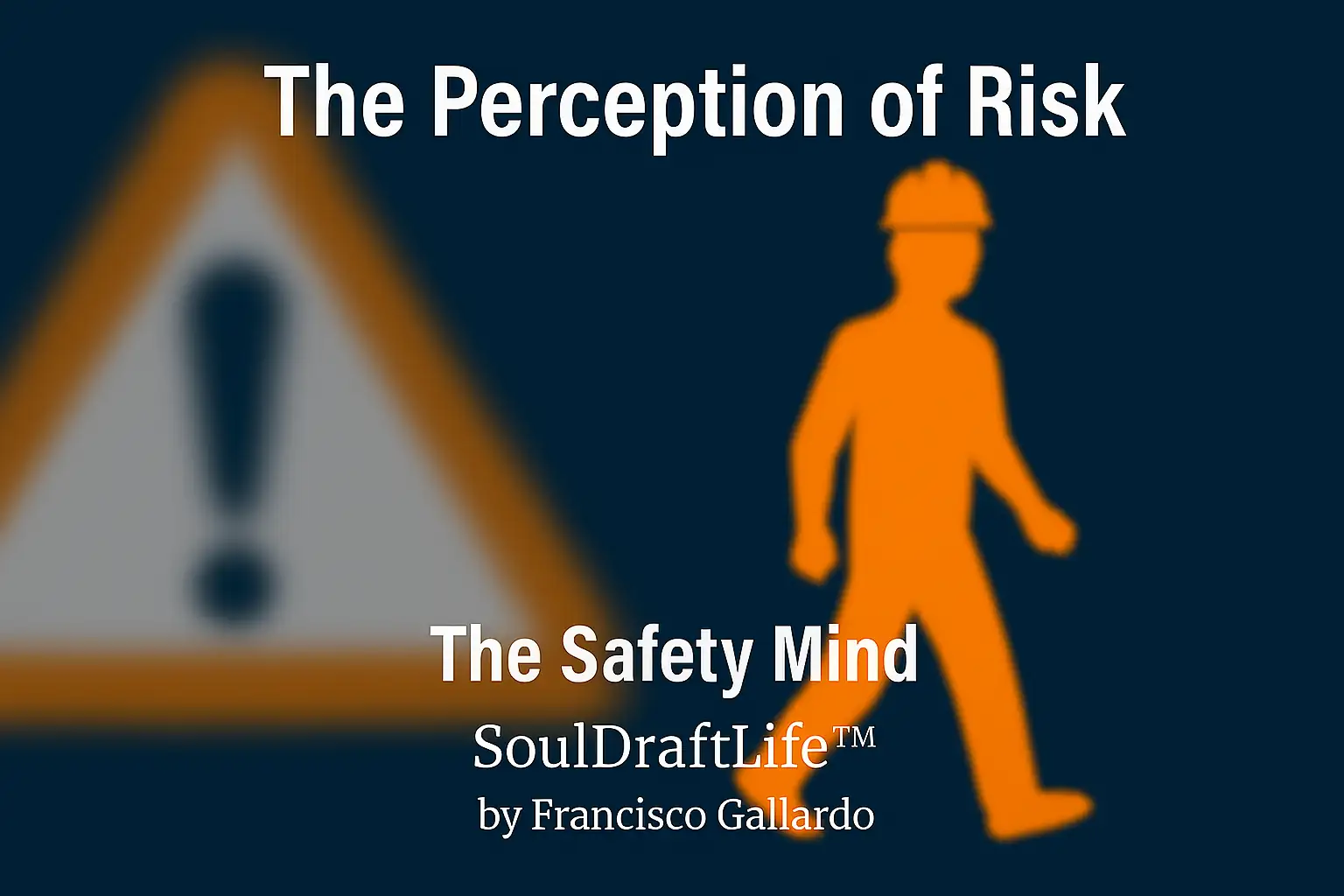 Blurred orange caution sign with exclamation mark beside a sharp silhouette of a worker in a hard hat, symbolizing how routine can distort awareness of risk.