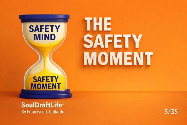 Modern illustration of an hourglass labeled Safety Mind and Safety Moment, symbolizing awareness and pause, with the title The Safety Moment and SoulDraftLife by Francisco J. Gallardo.