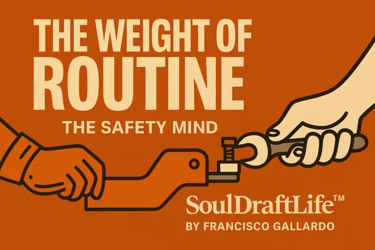 Illustration of two hands, one gloved and one bare, working with a wrench on a bolt against an orange background. White text reads “The Weight of Routine / La Mente Segura,” with “The Safety Mind” and “SoulDraftLife™ by Francisco Gallardo.