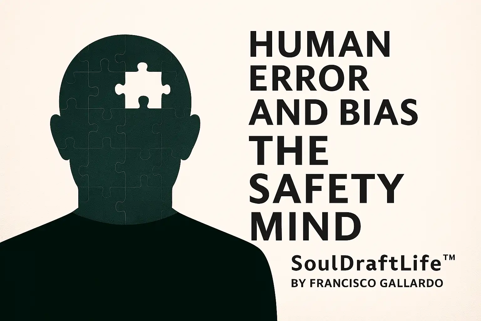 Silhouette of a human head with a missing puzzle piece and bold text reading “Human Error and Bias – The Safety Mind.