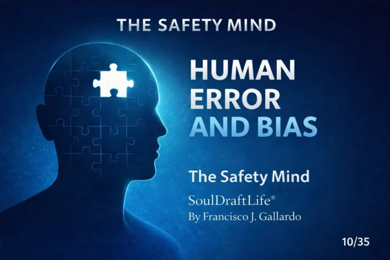 Silhouette representing an individual head with a missing puzzle piece and bold text reading “Human Error and Bias, The Safety Mind.