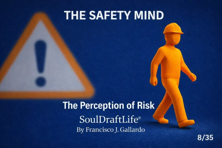 Blurred orange caution sign with an exclamation mark beside a sharp silhouette of a worker in a hard hat, symbolizing how routine can distort awareness of risk.