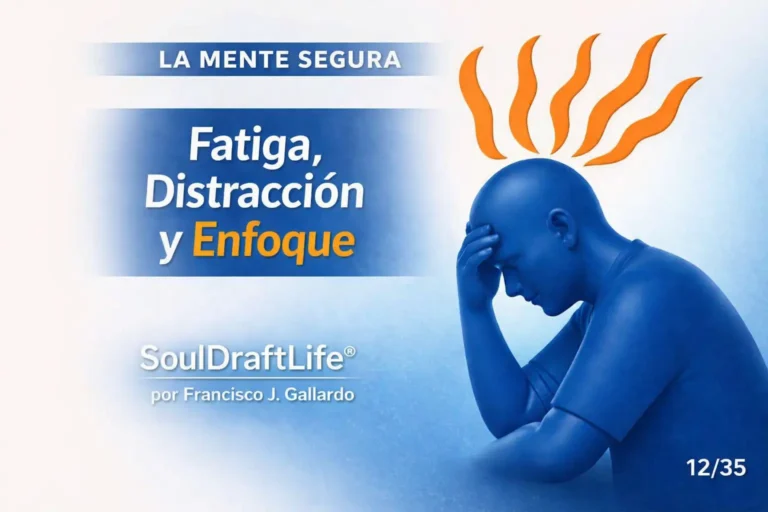 Ilustración de una persona con la cabeza inclinada y la mano en la frente, rodeada de ondas naranjas que emanan de su cabeza, junto al título "La Mente Segura".