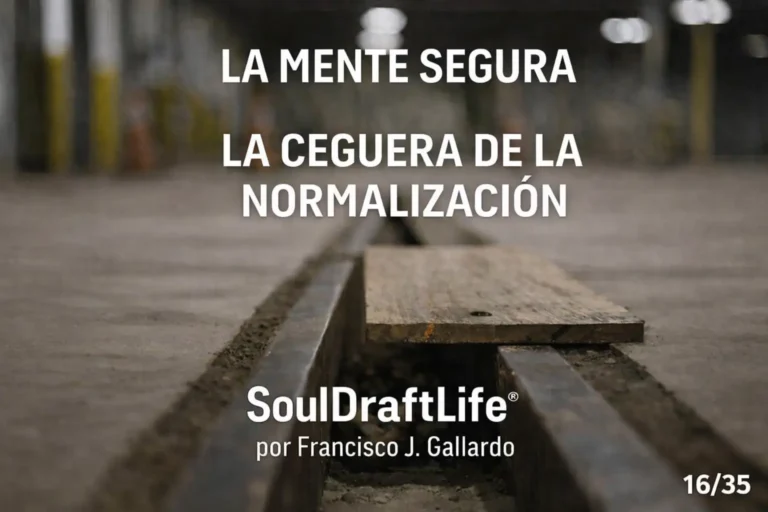 El desagüe de un almacén sin cubierta, parcialmente tapado con una tabla, constituye un peligro normalizado. Texto superpuesto: La Mente Segura, La ceguera de la normalización, SoulDraftLife®, por Francisco J. Gallardo.