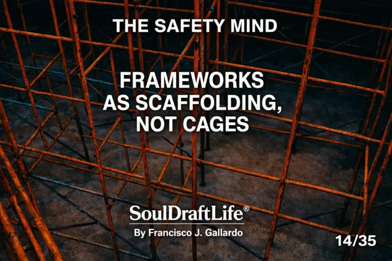 Scaffolding arranged like a labyrinth in red, orange, and blue tones, symbolizing frameworks as supportive structures rather than cages.