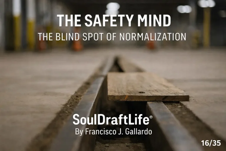 Warehouse drain is missing a cover, partially covered by a wooden plank; a normalized but dangerous hazard. Emphasizing The Blind Spot of Normalization.