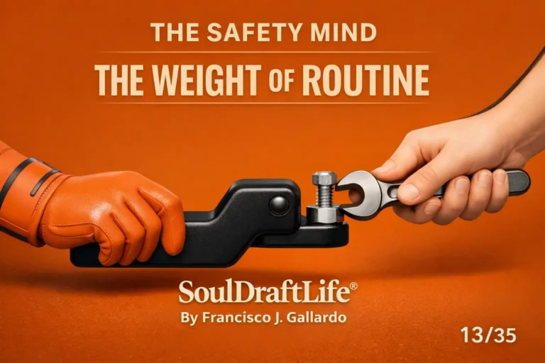 Illustration of two hands, one gloved and one bare, working with a wrench on a bolt against an orange background. White text reads “The Weight of Routine, The Safety Mind, SoulDraftLife®, by Francisco J. Gallardo.