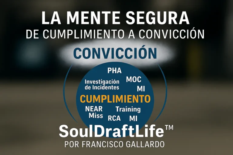 Esfera azul grande con la palabra “Cumplimiento” en naranja, rodeada por términos de seguridad como PHA, HASP, MOC, MI, PSI, Capacitación, Cuasi Accidente, RCA e Investigación de Incidentes. Una capa exterior translúcida en forma de nube, etiquetada “Convicción”, envuelve la esfera sobre un fondo industrial desenfocado. En la parte superior se lee “La Mente Segura – De Cumplimiento a Convicción” y en la parte inferior “SoulDraftLife™ por Francisco Gallardo”.