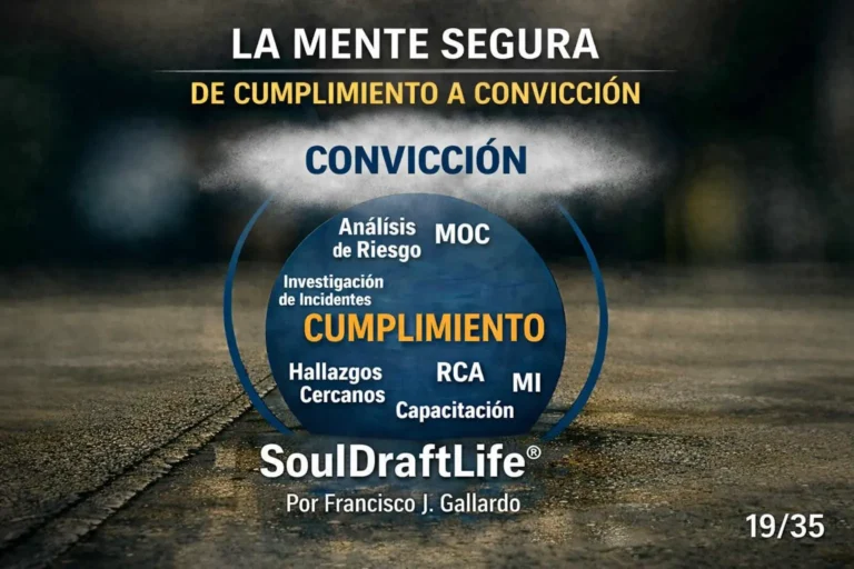 Esfera azul con la palabra “Cumplimiento” en naranja, una capa exterior translúcida en forma de nube, etiquetada “Convicción”, envuelve la esfera sobre un fondo industrial desenfocado. “SoulDraftLife® por Francisco Gallardo”.