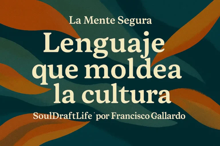 Fondo abstracto con formas orgánicas en tonos azul, verde y naranja; texto centrado que dice “La Mente Segura – El Lenguaje Que Moldea La Cultura – SoulDraftLife™ por Francisco Gallardo”.
