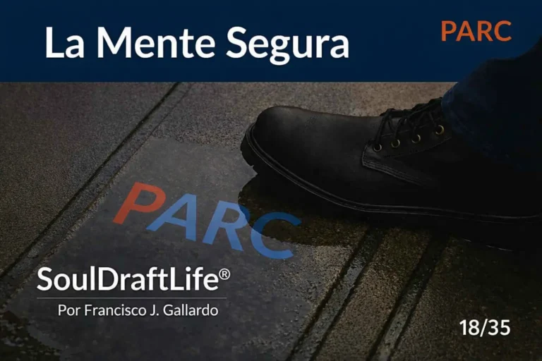 Imagen de una bota de seguridad pisando un charco en la acera, con el acrónimo PARC en rojo y azul, que representa La Mente Segura de Francisco J. Gallardo, SoulDraftLife®,