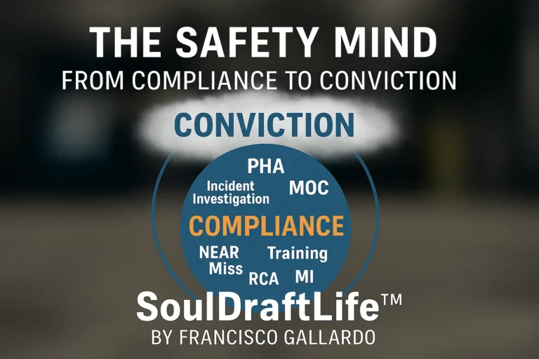 A large blue sphere labeled “Compliance” in orange sits at the center, filled with safety terms such as PHA, HASP, MOC, MI, PSI, Training, Near Miss, RCA, and Incident Investigation. A soft, cloud‑like outer layer labeled “Conviction” surrounds the sphere, set against a blurred industrial background. Text above reads “The Safety Mind – From Compliance to Conviction,” with “SoulDraftLife™ by Francisco Gallardo” at the bottom.