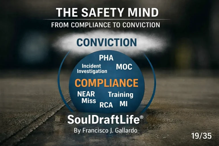 A large blue sphere symbolizing “Compliance” and a cloud over the sphere symbolizing conviction set against a blurred industrial background. SoulDraftLife®, by Francisco J. Gallardo